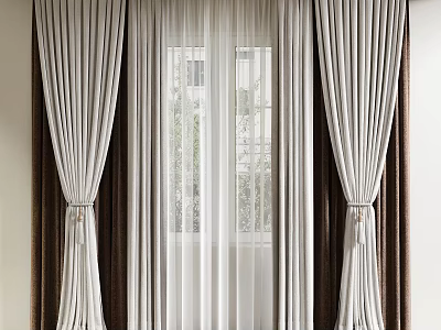Elegant Double Layer Curtains With Sheer Panels Dark Drapes And Window Tiebacks 3d model