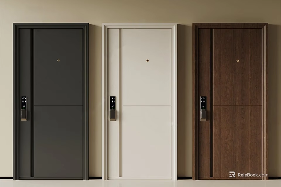 Three Modern Black White Brown Doors With Lock Hole And Handle 3d model 