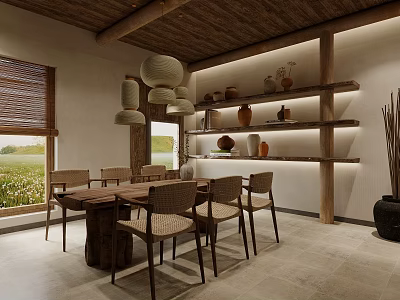 Restaurant Interior With Wooden Dining Table Rattan Chairs Ceiling Beams Pottery Shelves And Large Windows 3d model