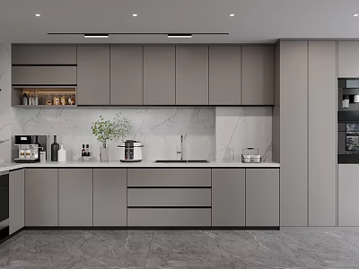 Modern Kitchen Interior Design With Gray Cabinets Marble Countertop And Appliances 3d model