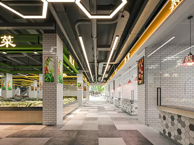 Modern Supermarket Interior With Vegetable Display Section Bright Lighting And Patterned Tile Flooring 3d model