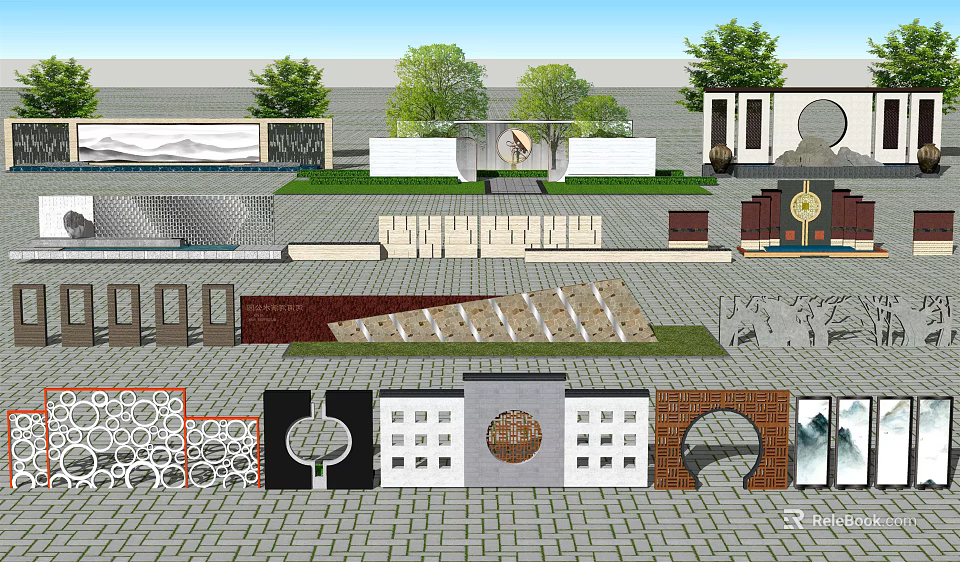 Diverse Landscape Feature Wall Designs With Patterns Materials And Green Plants 3d model