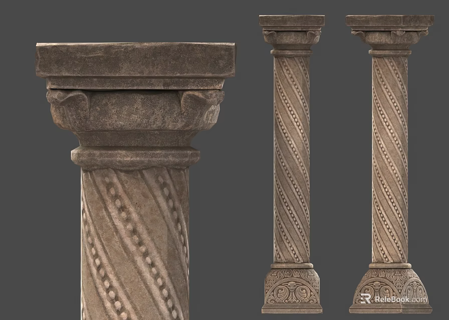 Classic Architectural Columns Featuring Spiral Patterns Decorative Capitals and Bases 3d model