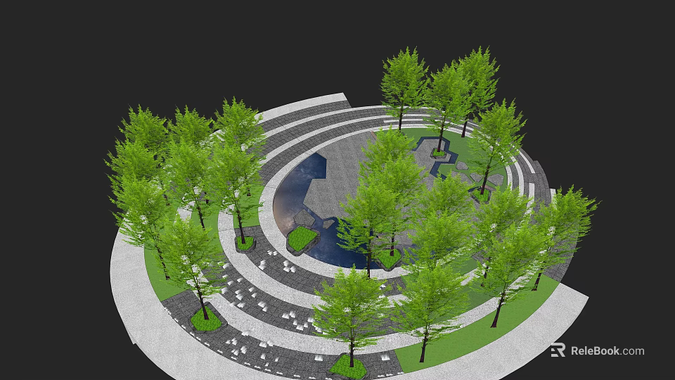 Circular Garden Landscape Design With Green Trees Water Pond And Stone Paths 3d model 