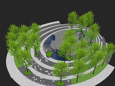 Circular Garden Landscape Design With Green Trees Water Pond And Stone Paths 3d model