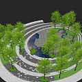 Circular Garden Landscape Design With Green Trees Water Pond And Stone Paths