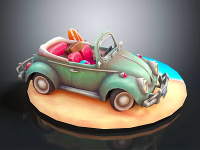 Vintage Green Convertible Car With Red Seats And Colorful Balls On Beach 3d model