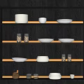 Stylish White Dinnerware Set Display On Dark Wooden Shelf With Glass Jars Bowls And Plates