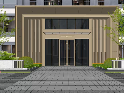 Modern Building Entrance Gate With Glass Doors Metal Frame And Landscaped Garden 3d model