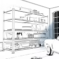 Organized Garage with Metal Shelving Tools Tires Storage Items and Red Car