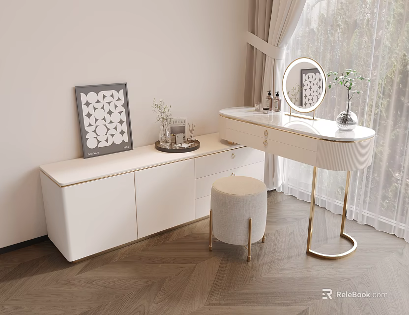 White Dressing Table With Gold Legs Cabinet Decorations And Stool By Window 3d model