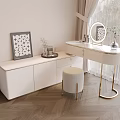White Dressing Table With Gold Legs Cabinet Decorations And Stool By Window 3d model
