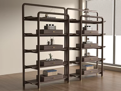 Modern Dark Wood Display Shelves With Multiple Layers And Decorative Items In Bright Room 3d model