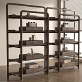Modern Dark Wood Display Shelves With Multiple Layers And Decorative Items In Bright Room
