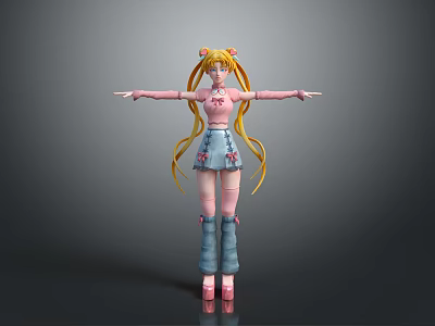 Anime Game Character With Long Blonde Twin Ponytails Pink Top Denim Skirt And Pink Boots 3d model
