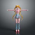 Anime Game Character With Long Blonde Twin Ponytails Pink Top Denim Skirt And Pink Boots