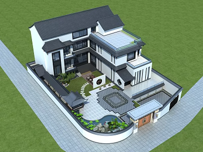 Modern Chinese Detached Villa with Black Roof White Wall Courtyard Greenery Stone Path Terrace 3d model