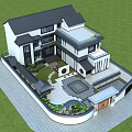 Modern Chinese Detached Villa with Black Roof White Wall Courtyard Greenery Stone Path Terrace