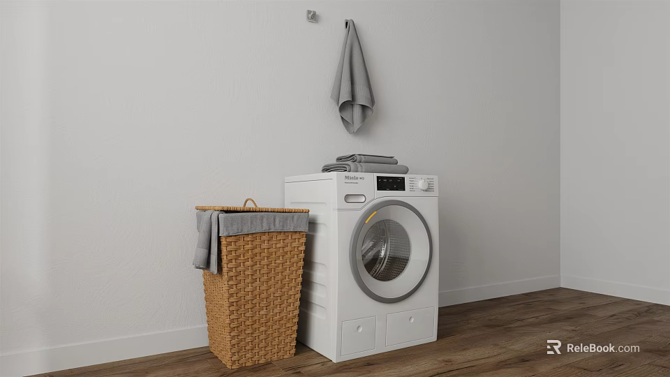 White Washing Machine In Laundry Room With Wicker Basket Gray Towels And Wooden Floor 3d model 