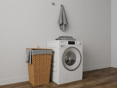 White Washing Machine In Laundry Room With Wicker Basket Gray Towels And Wooden Floor 3d model