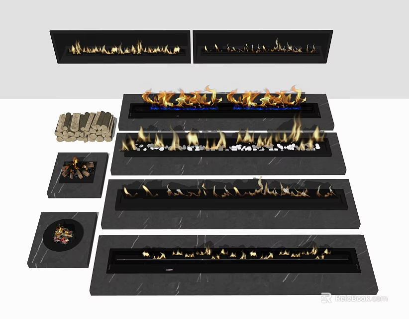 Modern Fireplace Designs With Various Styles Flame Effects And Marble Surfaces 3d model 