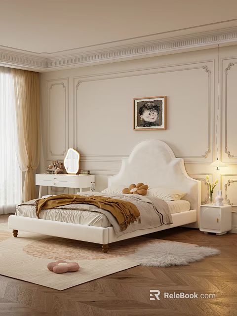 Modern White Double Bed With Upholstered Headboard Bedside Tables Lamps And Wall Art 3d model 