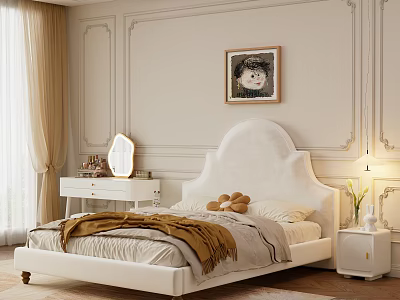 Modern White Double Bed With Upholstered Headboard Bedside Tables Lamps And Wall Art 3d model