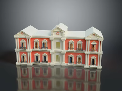 Red And White Three Story Building Model With White Roof Balconies Columns Flag And Reflection 3d model