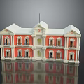Red And White Three Story Building Model With White Roof Balconies Columns Flag And Reflection