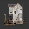Vintage Cabin Structure With Rusted Roof Wooden Dock Staircase And Storefront Sign