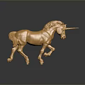 Golden Unicorn Sculpture In Running Pose With Reflection On Dark Background 3d model