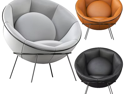 Modern Round Single Sofa With Leather Upholstery Gray Orange Black And Metal Legs 3d model