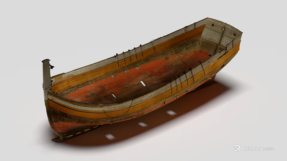 Rustic Wooden Boat With Weathered Wood Texture Classic Design And Red Interior Details 3d model 