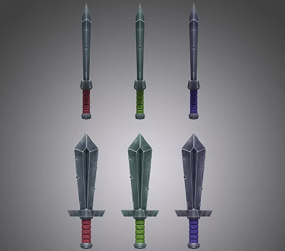 Medieval Fantasy Style Swords With Different Colored Hilts And Sharp Metallic Blades 3d model