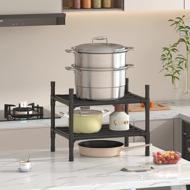 Black Kitchen Shelf Organizer With Stacked Stainless Steel Pots And Pans 3d model 
