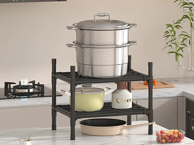 Black Kitchen Shelf Organizer With Stacked Stainless Steel Pots And Pans 3d model