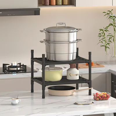 Black Kitchen Shelf Organizer With Stacked Stainless Steel Pots And Pans 3d model