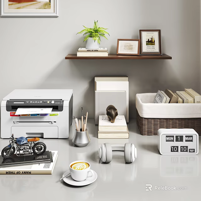 Home Office Desk Setup with Printer Green Plants Photo Frames Dumbbell Coffee Cup 3d model 