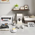 Home Office Desk Setup with Printer Green Plants Photo Frames Dumbbell Coffee Cup