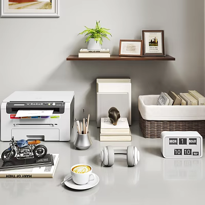 Home Office Desk Setup with Printer Green Plants Photo Frames Dumbbell Coffee Cup 3d model