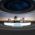 Futuristic Studio Interior With Circular Console Spherical Digital Globe And City Skyline 3d model