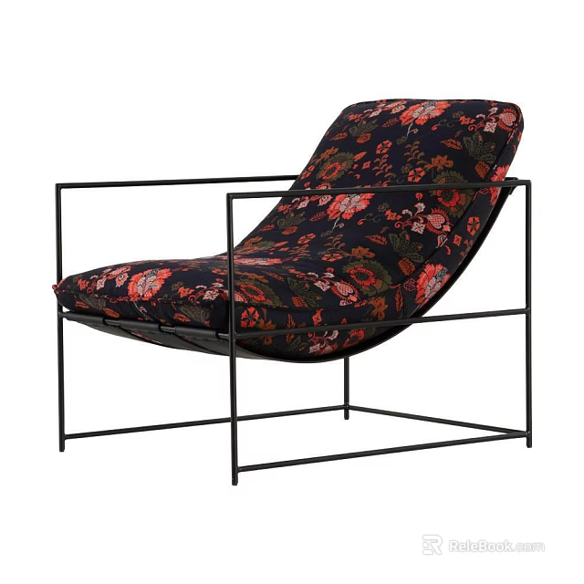 Modern Accent Chair With Black Metal Frame And Dark Floral Patterned Fabric 3d model 