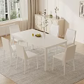 White Rectangular Dining Table Set With Six Chairs Fruit Plate And Vase In Bright Room 3d model