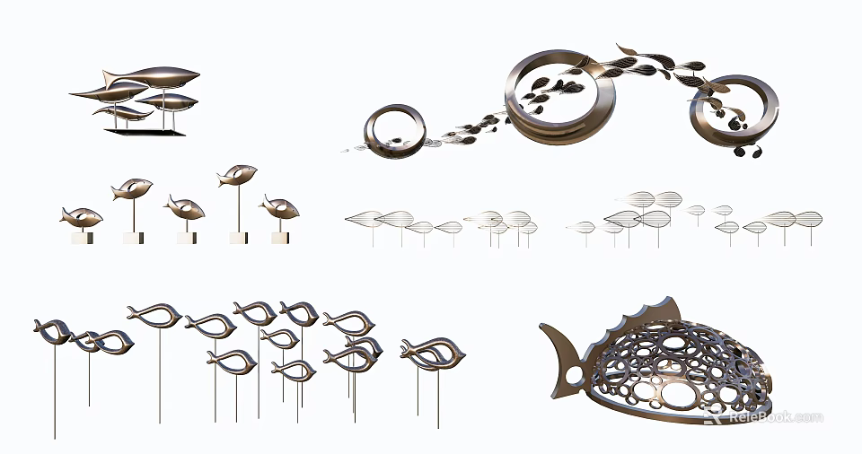 Modern Metal Decorative Sculptures With Fish Shaped Circular And Leaf Design Elements 3d model 