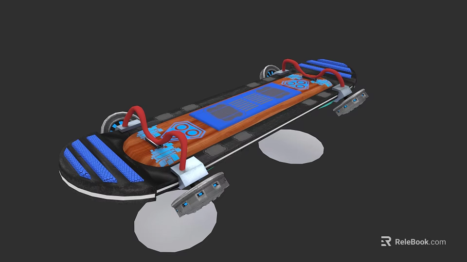 Stylish Skateboard Design With Blue Brown Deck And Red Accents Wheels And Decorative Elements 3d model 
