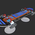 Stylish Skateboard Design With Blue Brown Deck And Red Accents Wheels And Decorative Elements