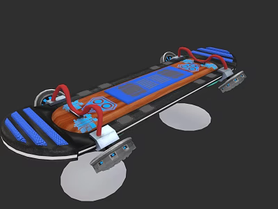 Stylish Skateboard Design With Blue Brown Deck And Red Accents Wheels And Decorative Elements 3d model