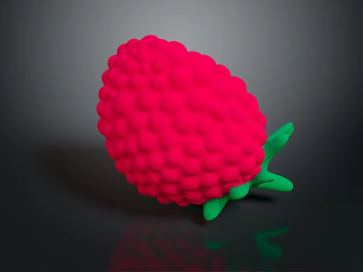 Red Raspberry With Shiny Bumpy Texture And Green Leaves On Dark Background 3d model