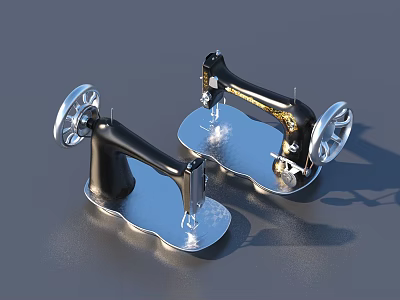 Two Vintage Industrial Sewing Machines With Black Metal Body And Silver Rotary Wheels 3d model