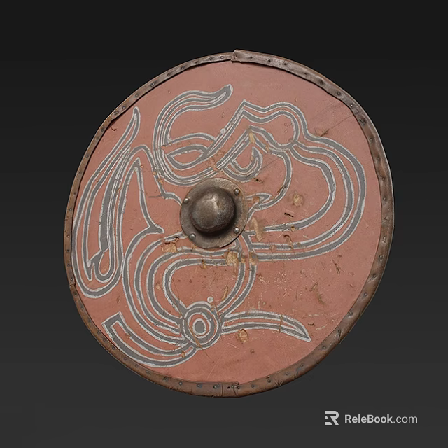 Ancient Round Shield Weapon with Red Surface Intricate White Decorative Patterns Metal Center Riveted Edge 3d model